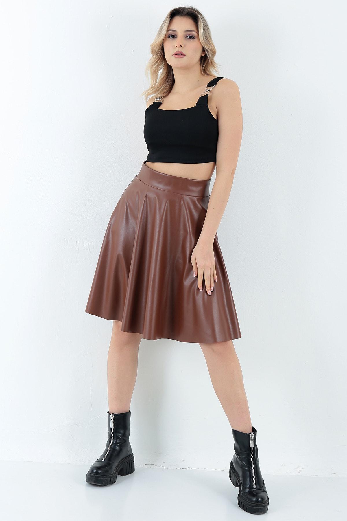 Women's Tan Faux Leather Flared Skirt - High-Waist & Chic