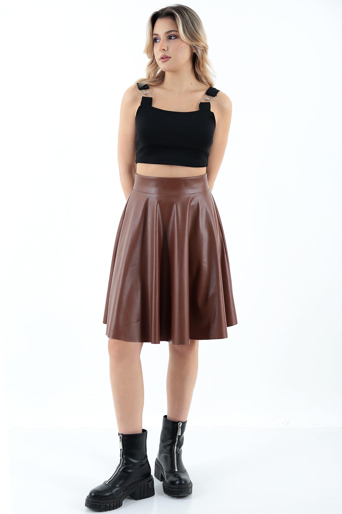 Women's Tan Faux Leather Flared Skirt - High-Waist & Chic