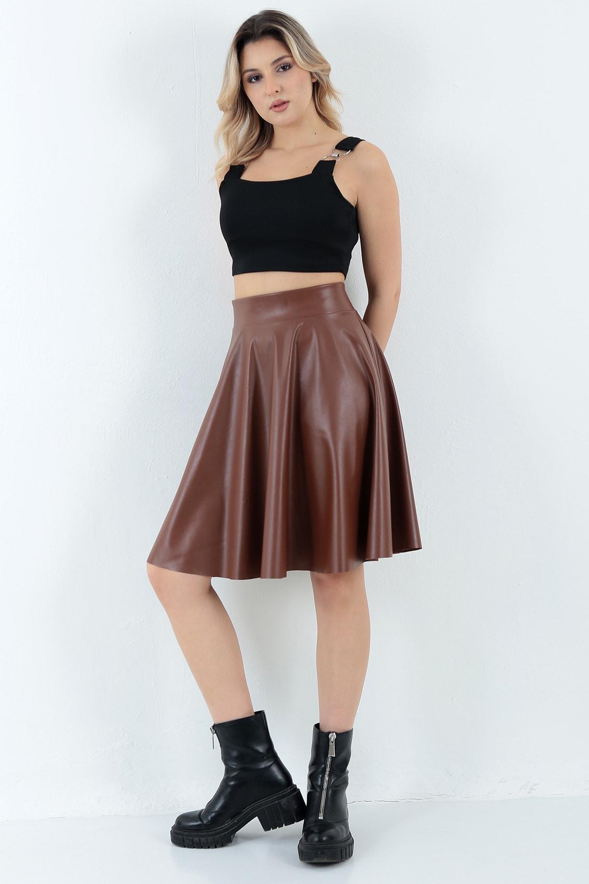 Women's Tan Faux Leather Flared Skirt - High-Waist & Chic