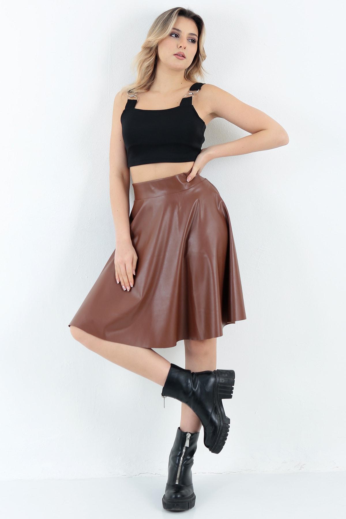 Women's Tan Faux Leather Flared Skirt - High-Waist & Chic