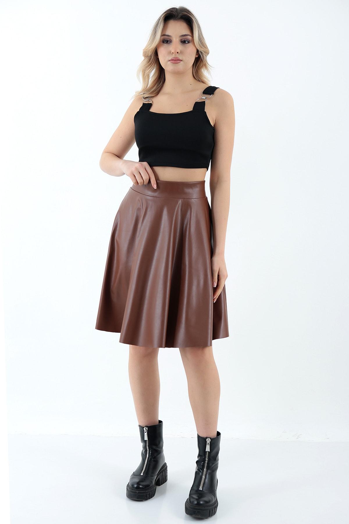 Women's Tan Faux Leather Flared Skirt - High-Waist & Chic