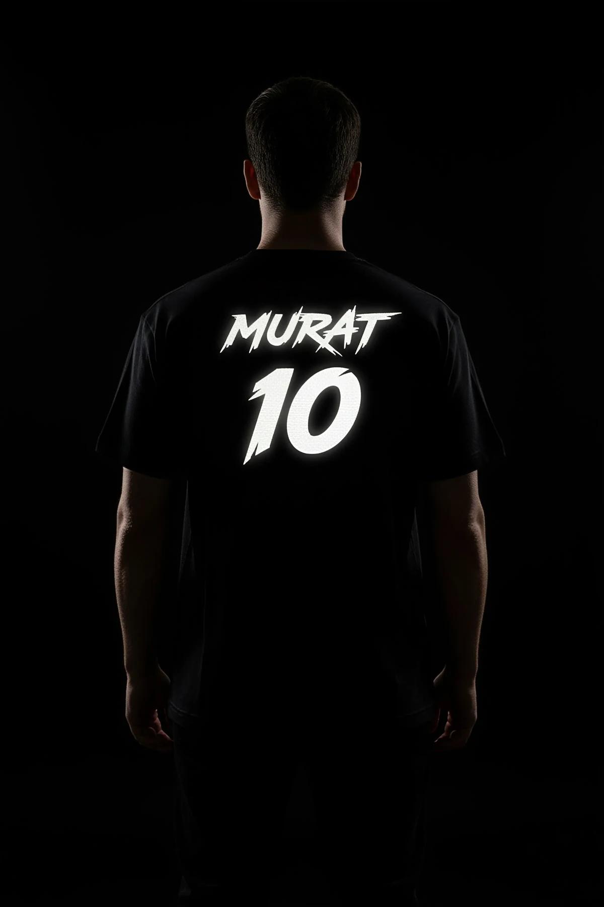 MURAT 10 reflektörlü sırt baskılı siyah oversize tişört, karanlıkta parlayan reflektör baskı