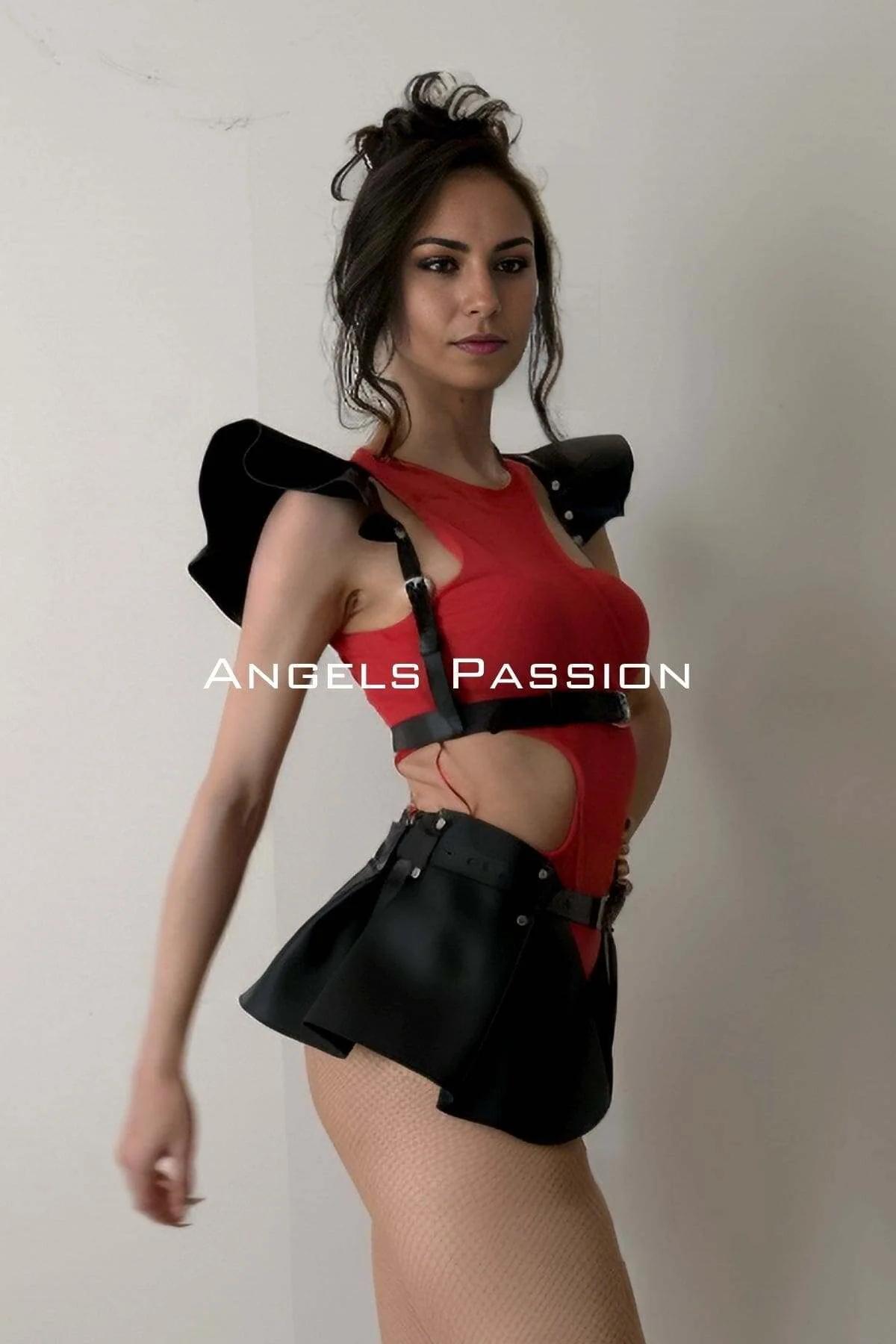 Faux Leather Harness Skirt with Ruffled Shoulder Accent