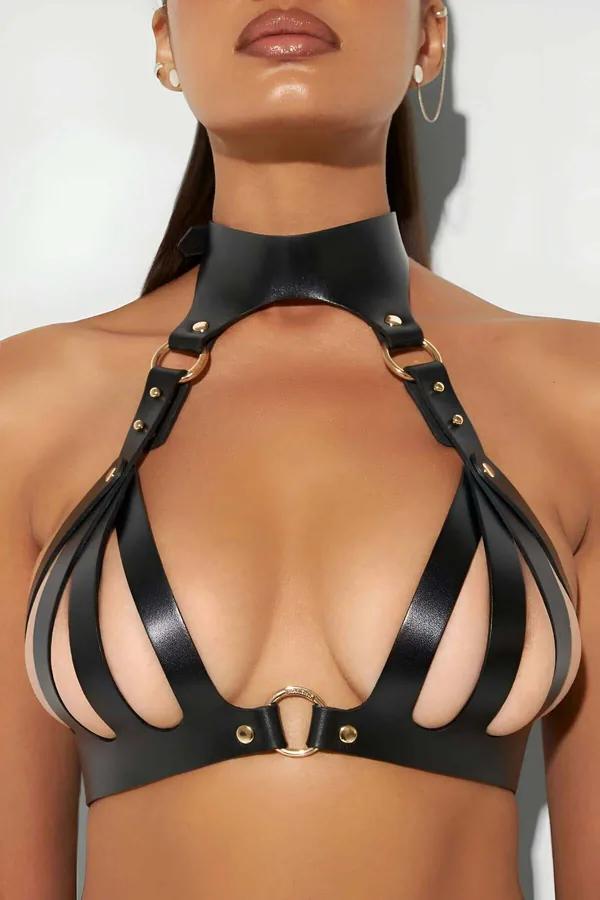 Strappy Faux Leather Caged Bra & Open Crotch Panty Set