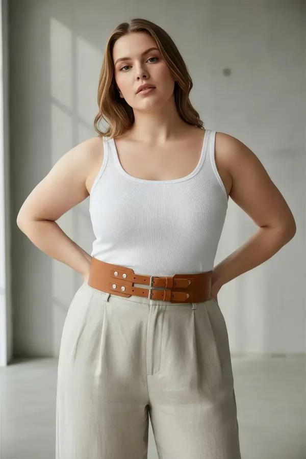 Wide Faux Leather Corset Belt with Double Buckle