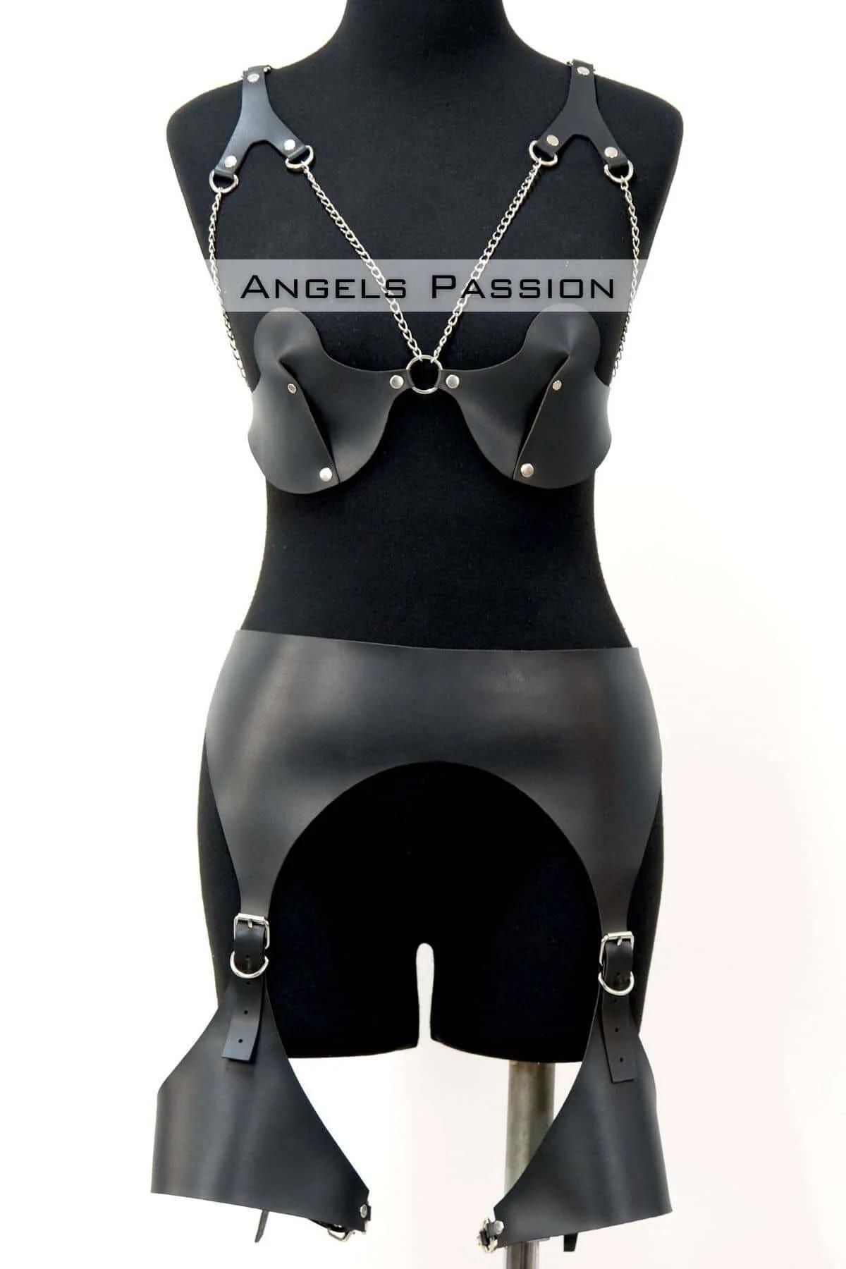 Faux Leather Harness Bra & Garter Belt Set with Studs