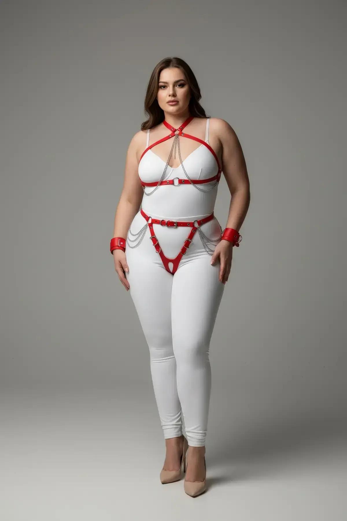 Red Full Body Harness with O-Rings and Waist Chain