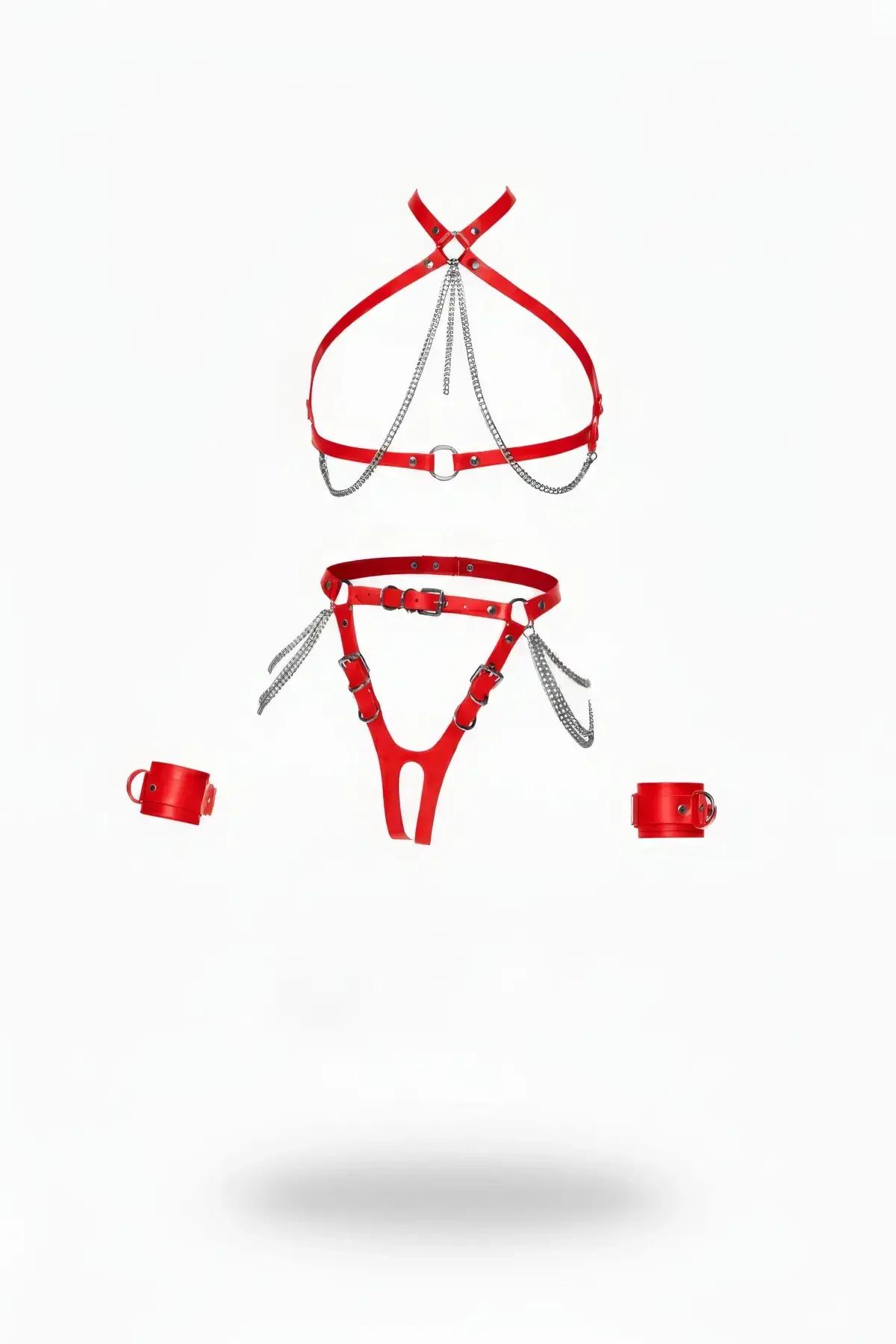 Red Faux Leather Body Harness Set with Chains & Cuffs