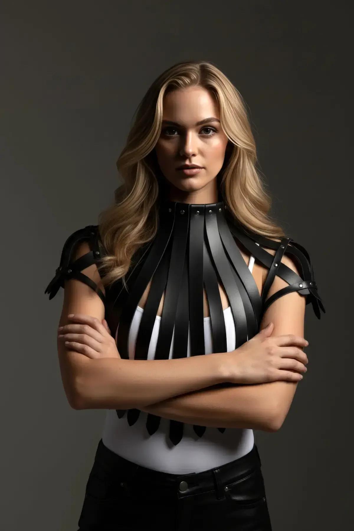 Studded Shoulder Armor Harness with High Collar