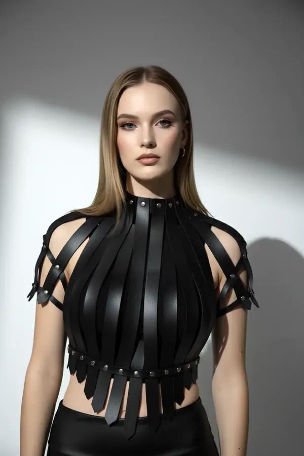 Black Faux Leather Studded Crop Harness Top