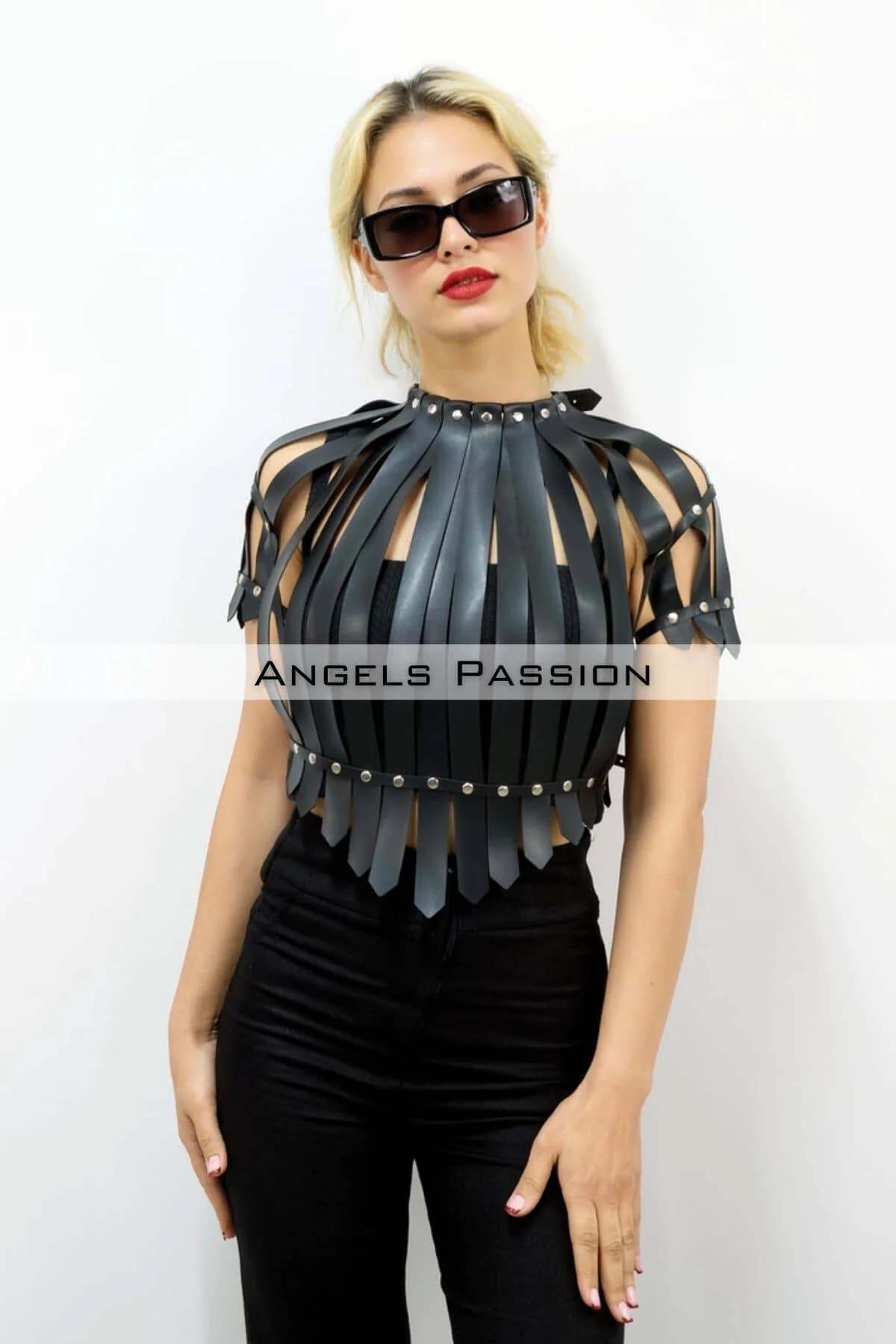 Black Faux Leather Studded Crop Harness Top