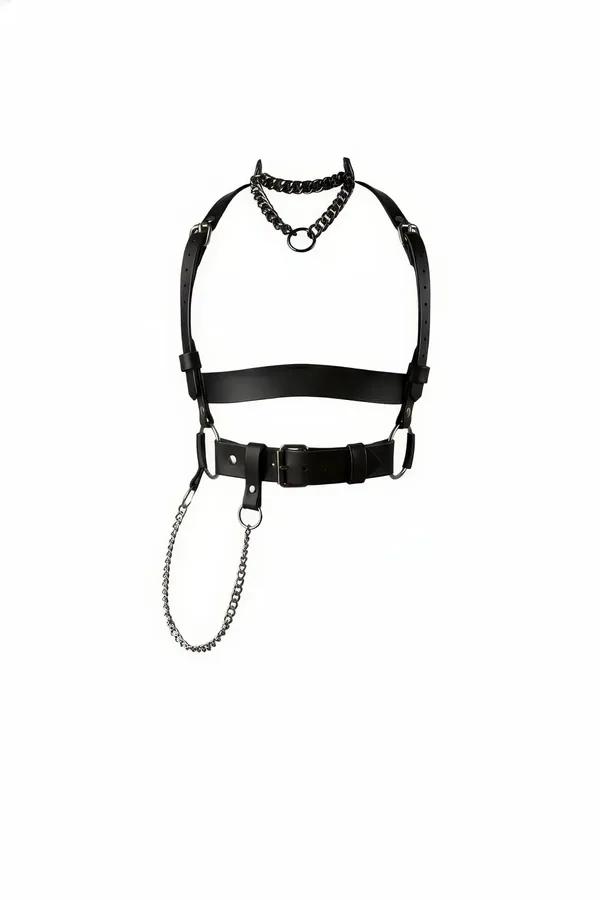 Faux Leather Body Harness with Choker & Detachable Chain