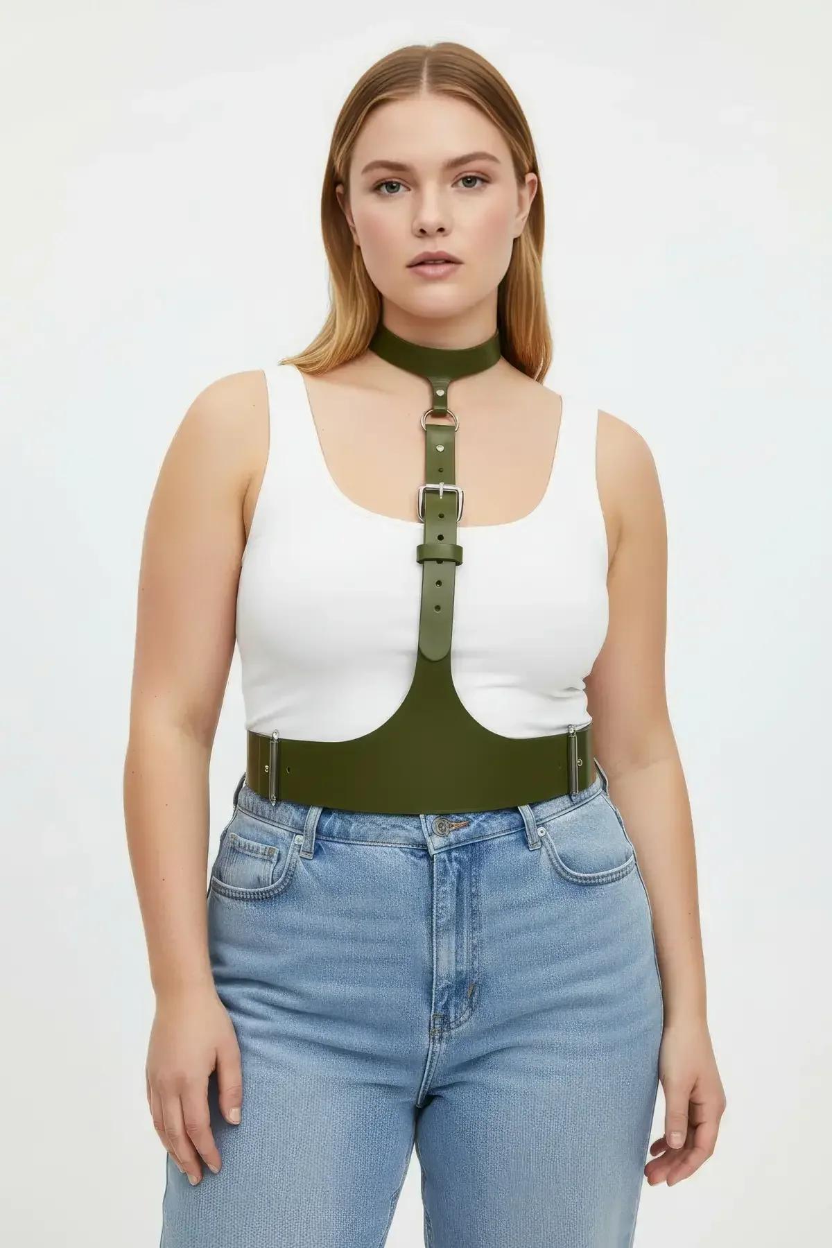 Khaki Faux Leather Underbust Harness Belt