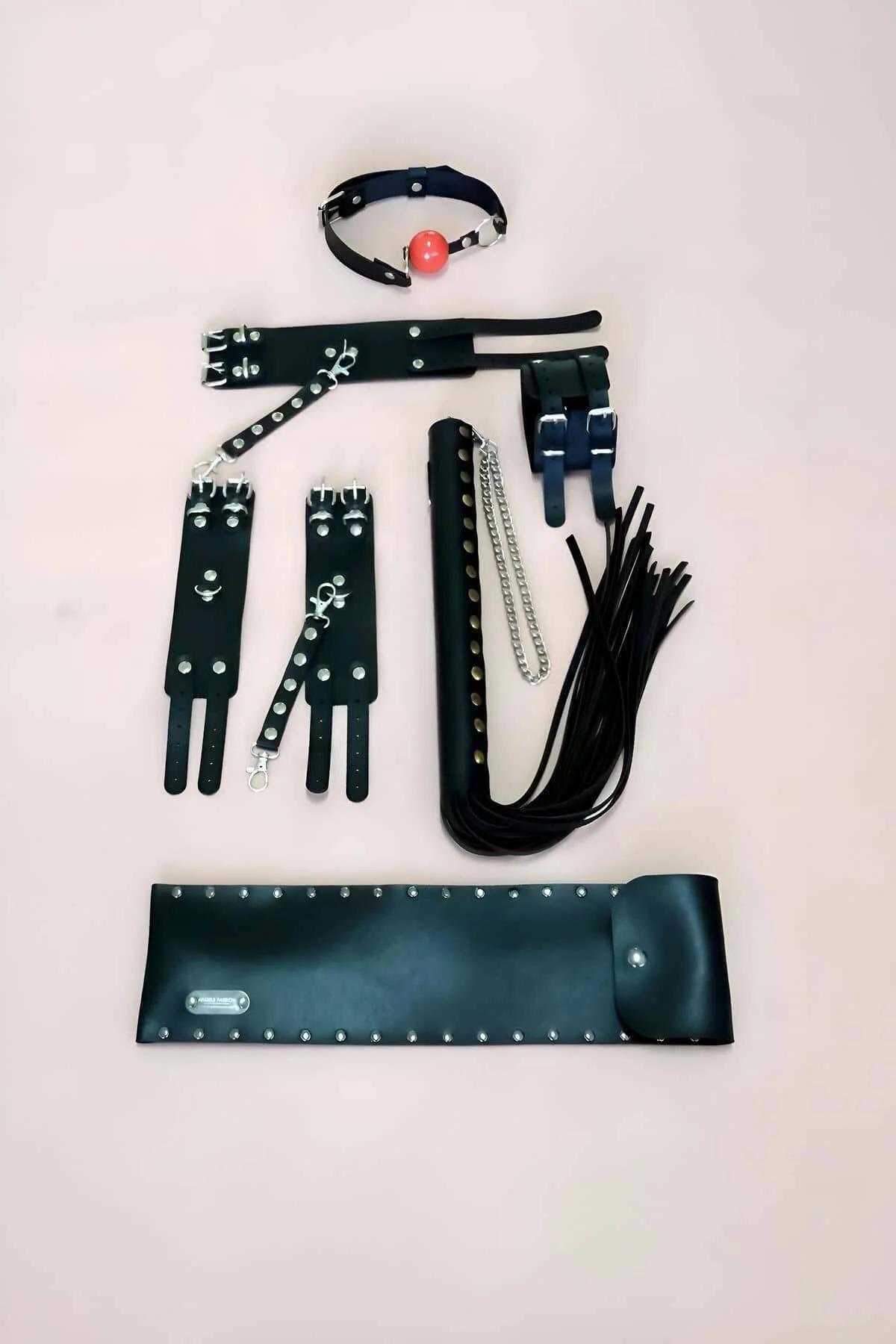 Faux Leather Accessory & Restraint Set with Ball Gag & Whip