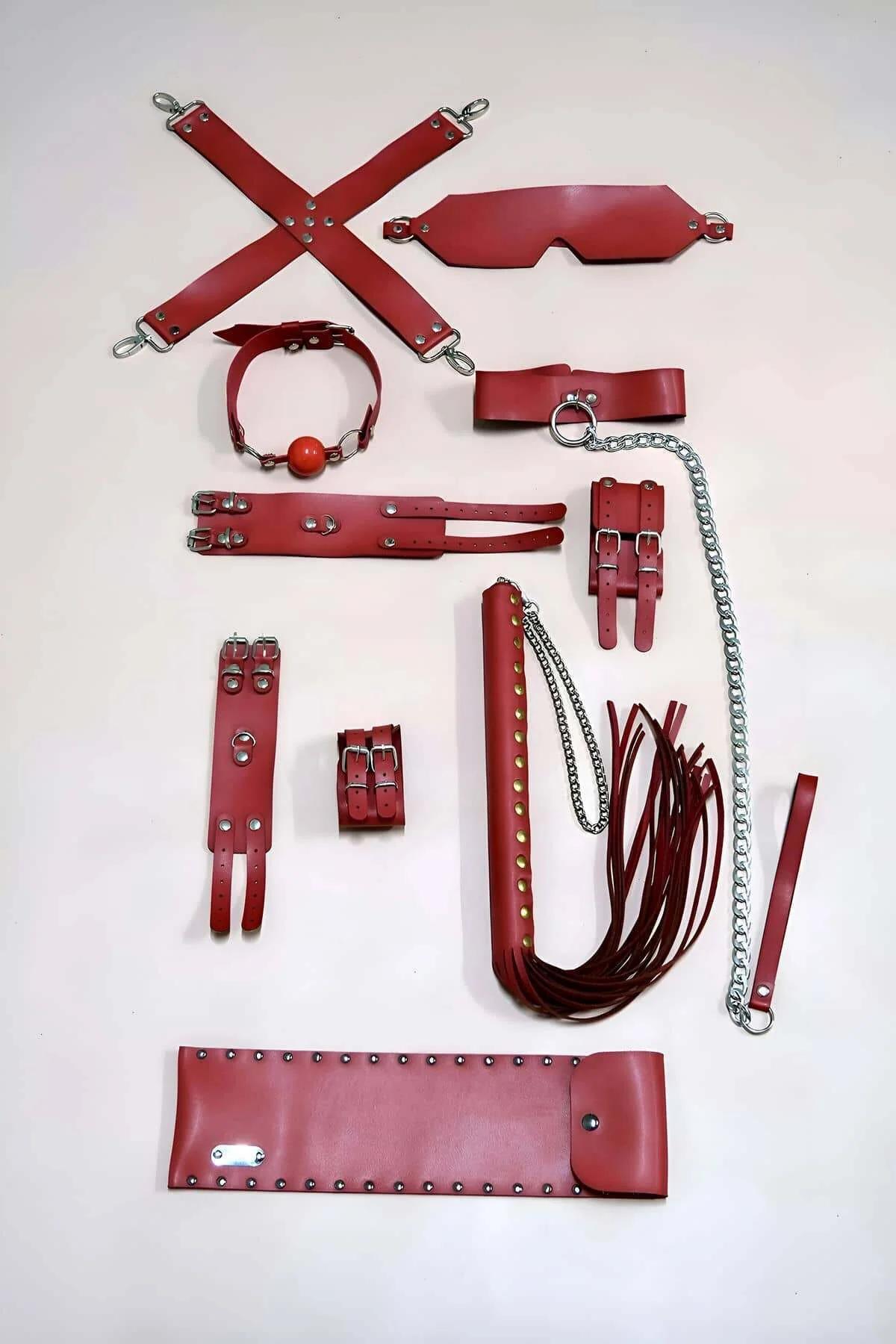 Red Vegan Leather Accessory Set with Straps & Blindfold