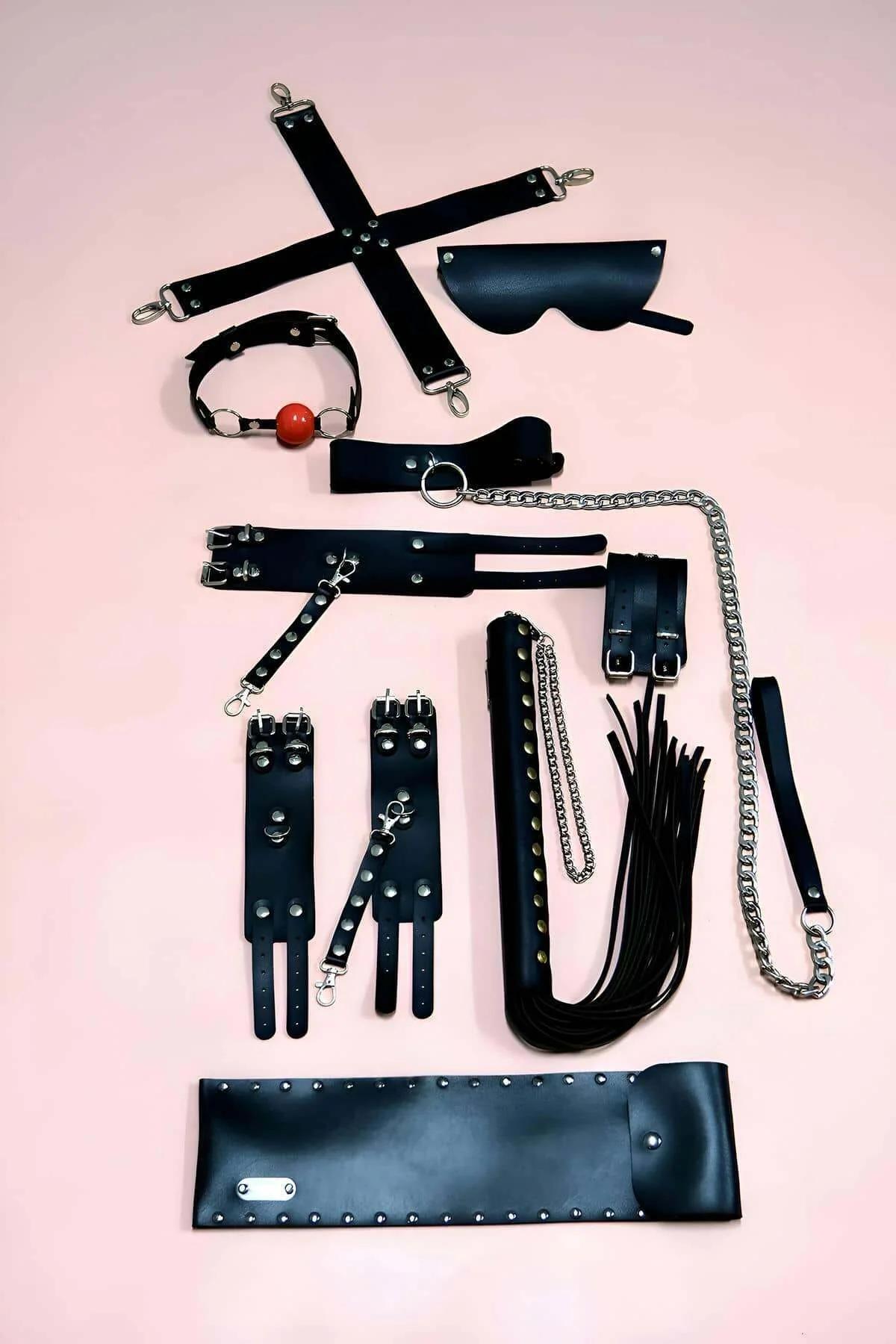 Black Vegan Leather Accessory & Restraint Set, 7-Piece
