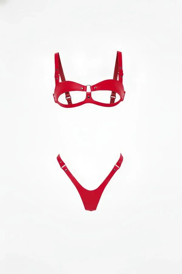 Open Cup Bra & Thong Harness Set in Radiant Red