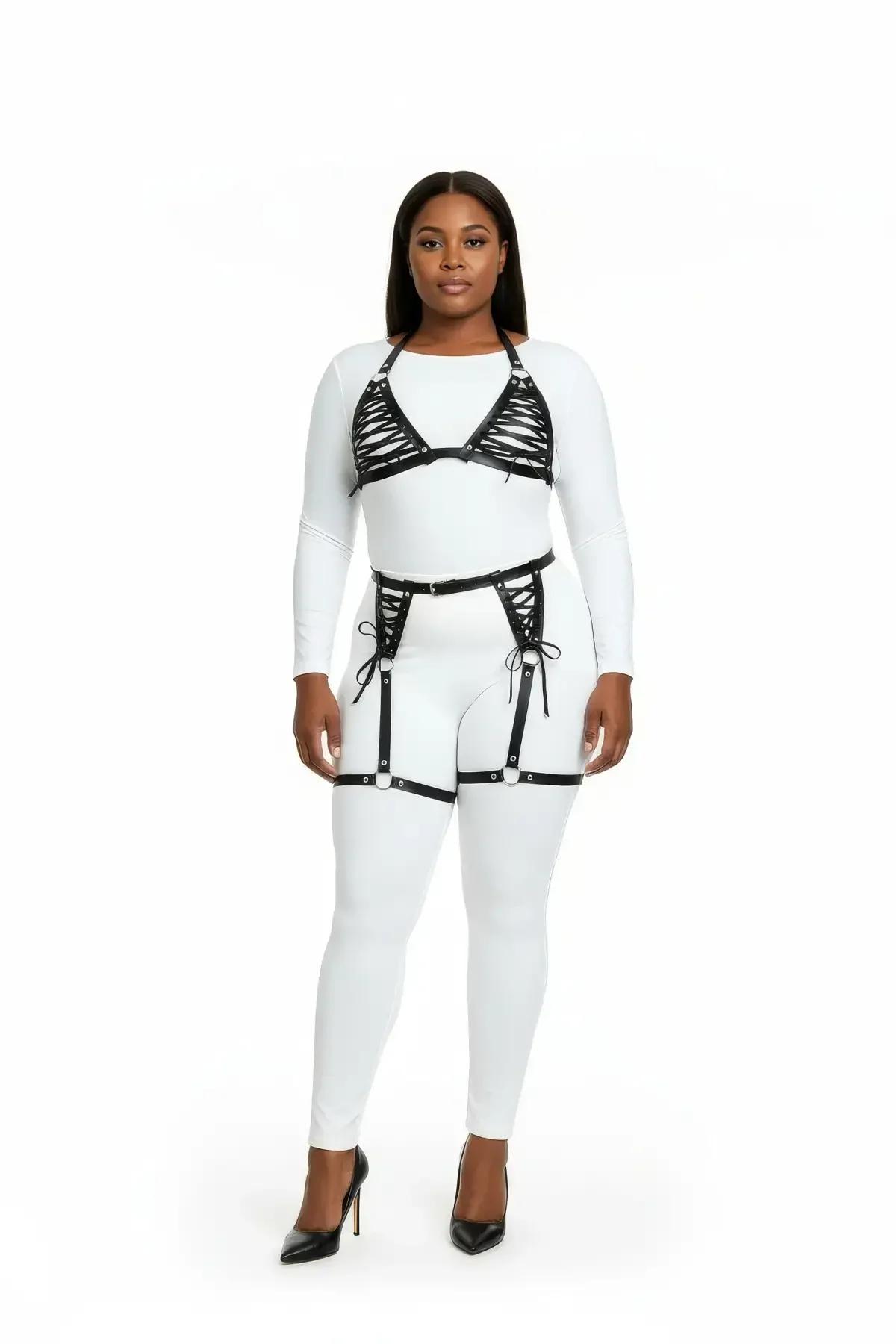 Lace-Up Faux Leather Body Harness with Garter Straps