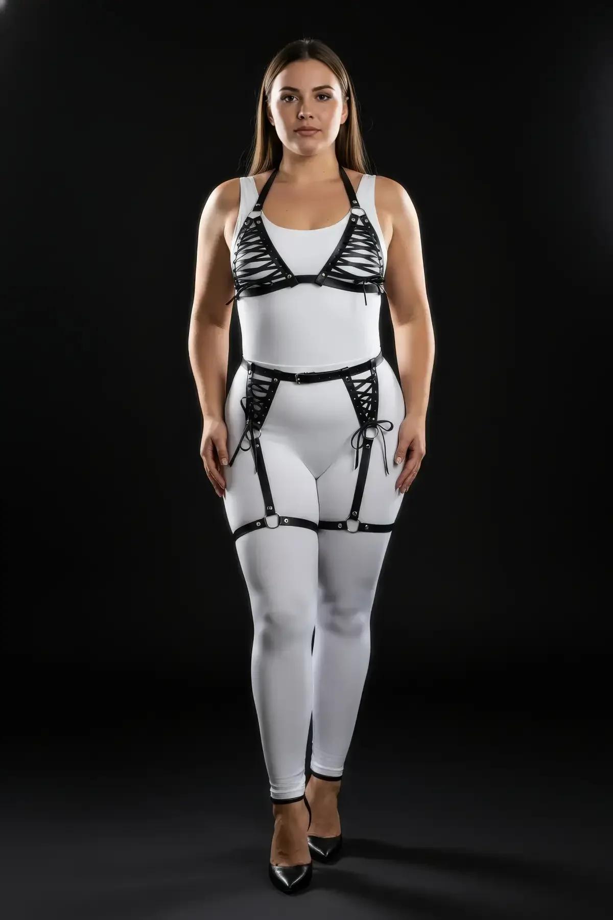 Lace-Up Faux Leather Body Harness with Garter Straps