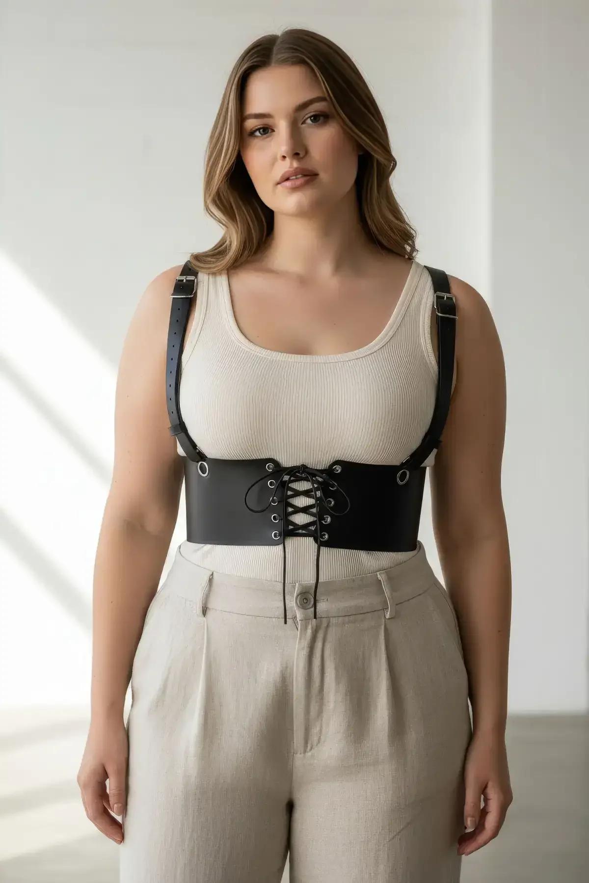 Black Faux Leather Underbust Corset Harness with Shoulder Straps