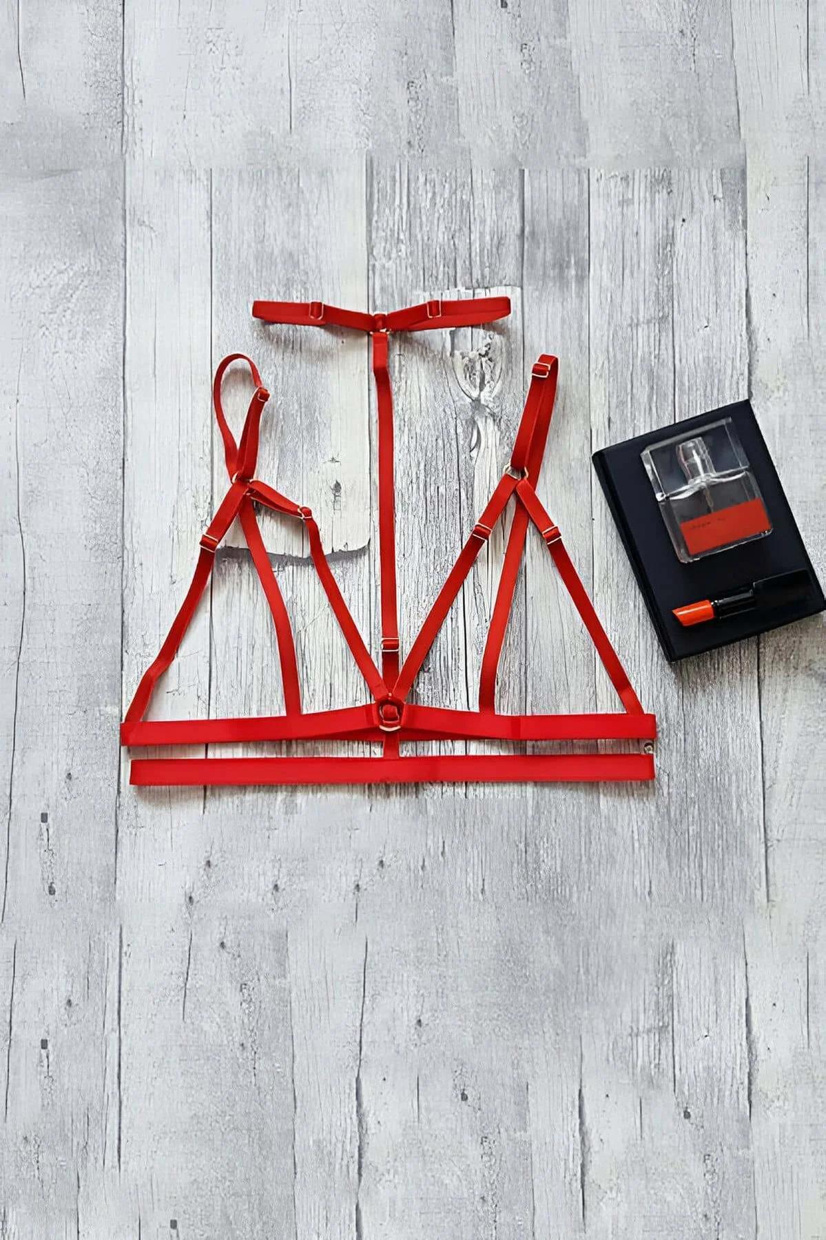 Strappy Red Body Harness with O-Ring Choker