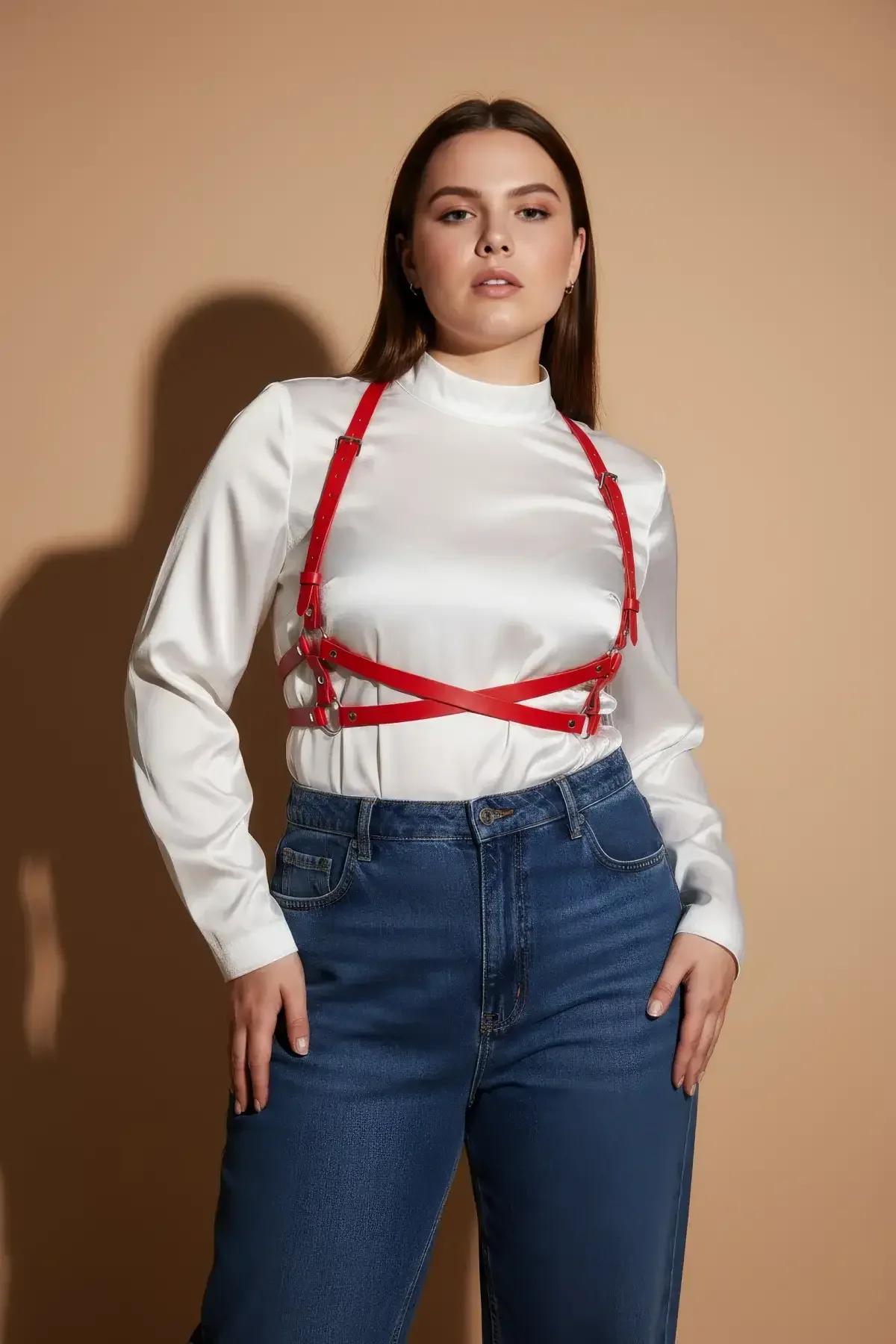 Red Faux Leather Chest Harness with Adjustable Straps