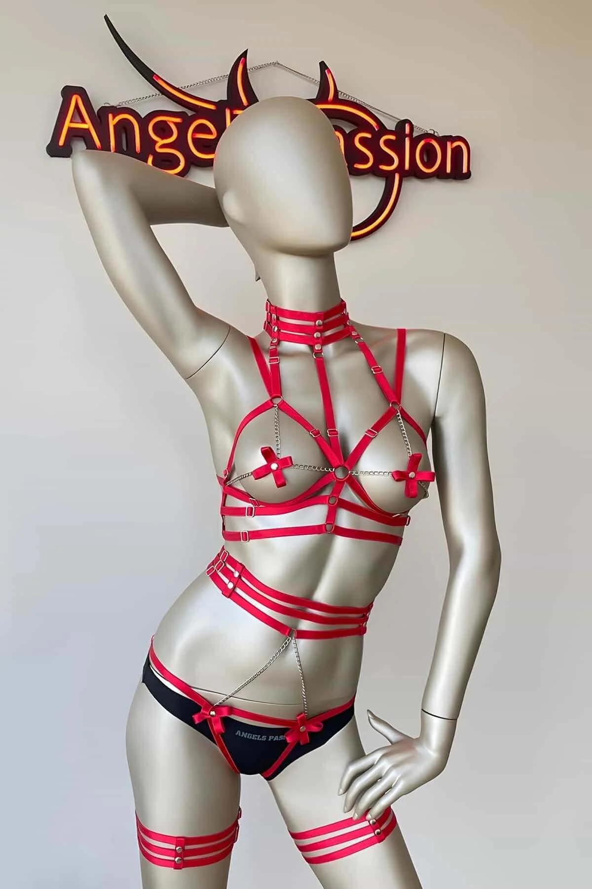 Red Strappy Body Harness with Chains & Bows