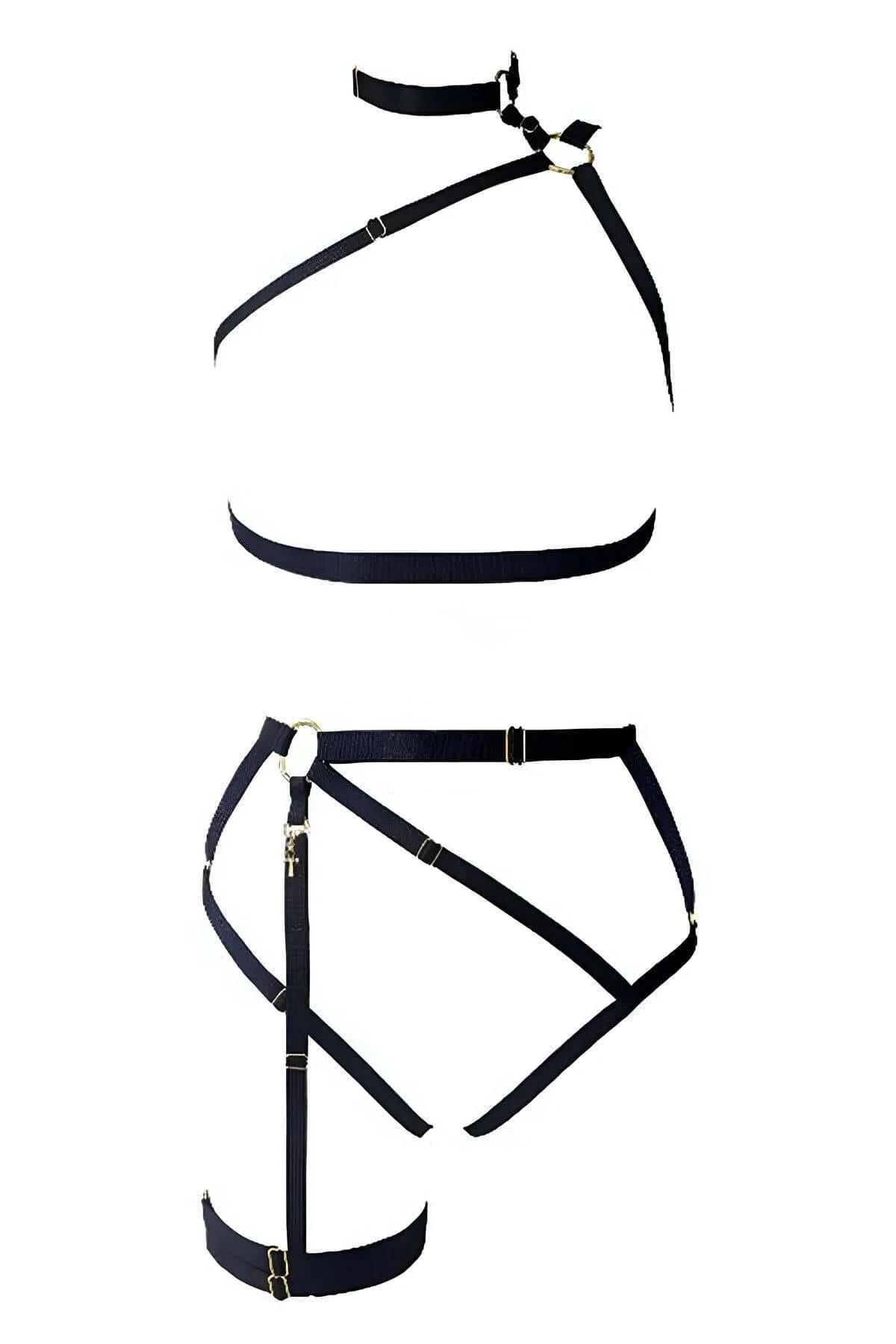 Strappy Faux Leather Body Harness Set with Garter