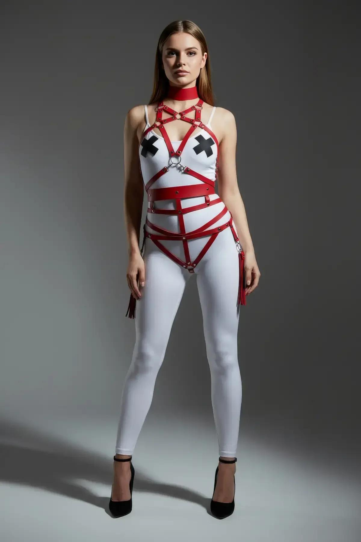 Red Faux Leather Full Body Harness with Choker & Tassels