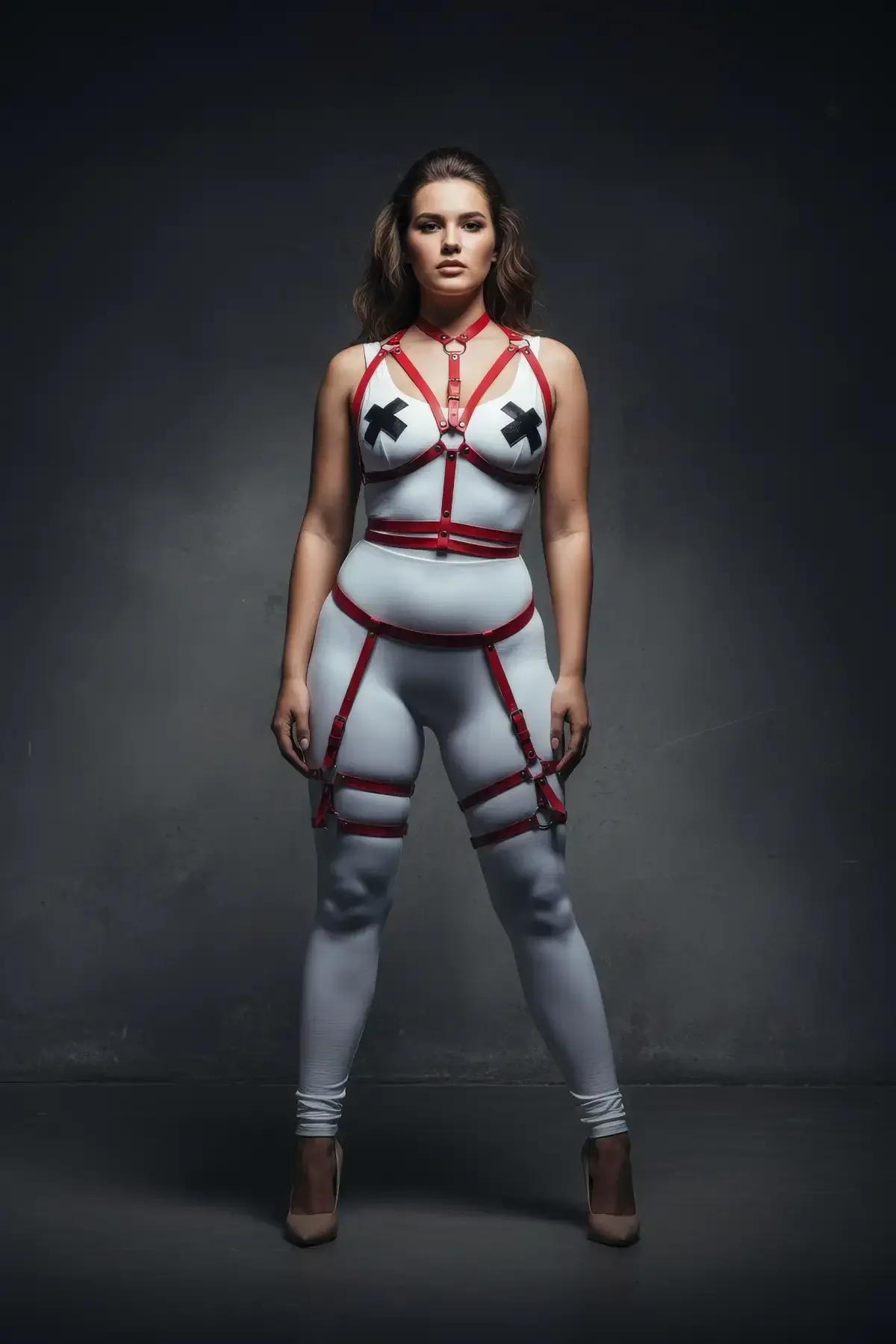 Red Strappy Body Harness Set with Garter Thigh Straps