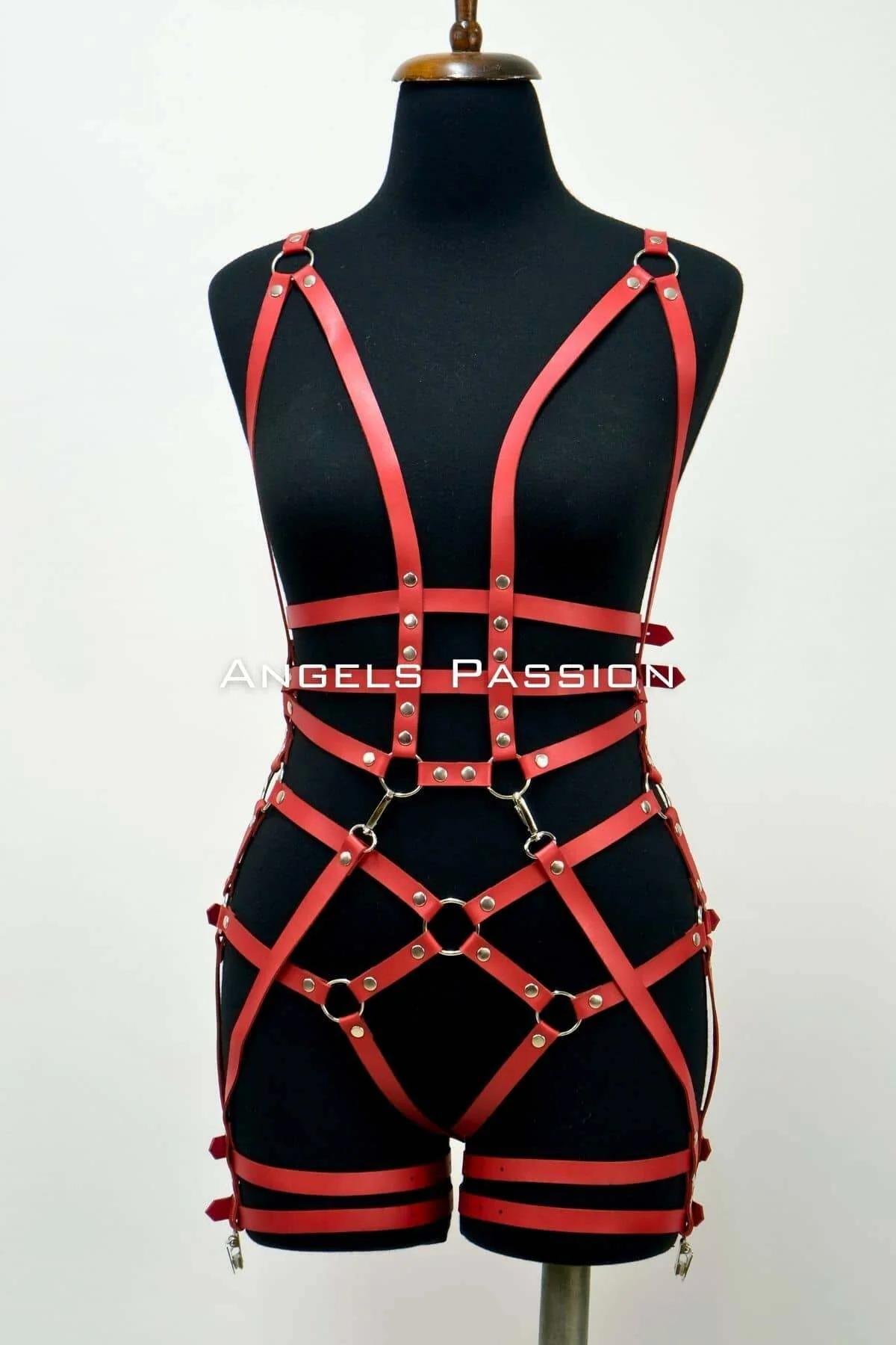 Red Faux Leather Body Harness with O-Rings