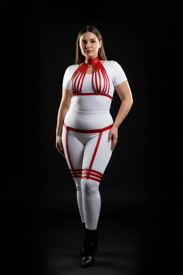 Red Faux Leather Multistrap Harness Set with Garters