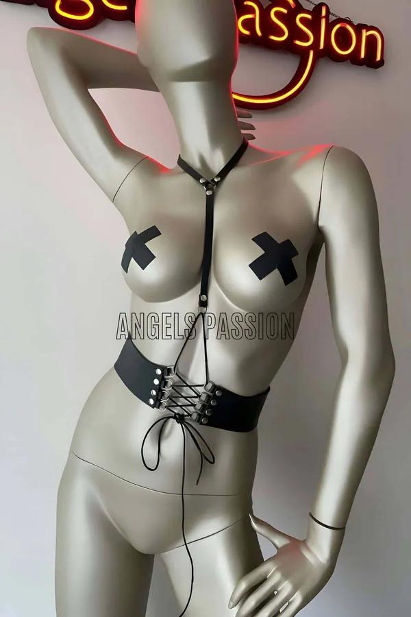Lace-Up Corset Body Harness with Chest Strap