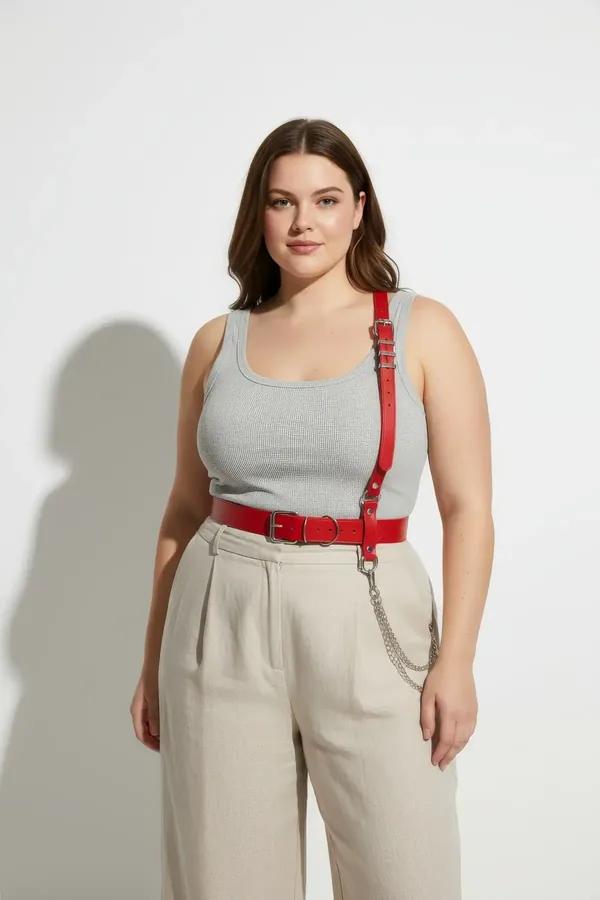 Red Faux Leather Harness Belt with Detachable Chain