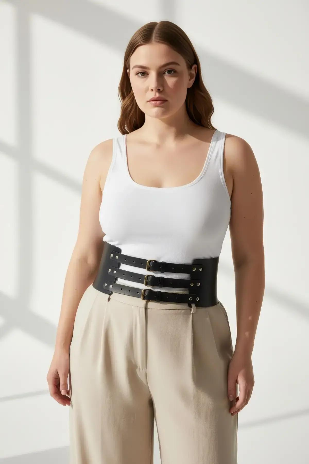 Wide Faux Leather Waist Harness with Triple Buckle