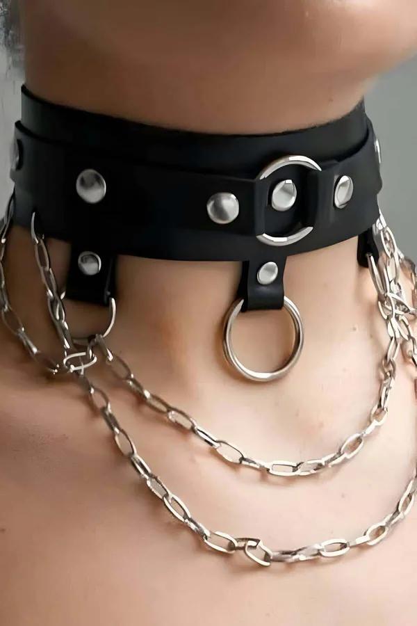Faux Leather Choker Necklace with Chain and O-Ring
