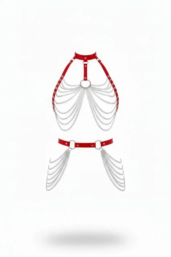 Red Faux Leather Chest & Waist Chain Harness Set