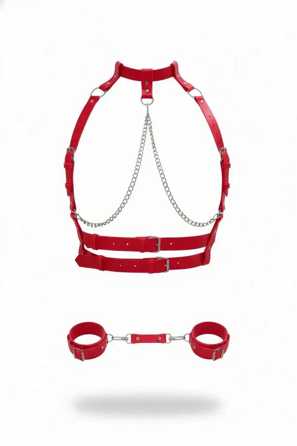 Red Faux Leather Body Harness with Detachable Wrist Cuffs