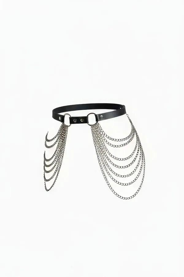 Faux Leather Waist Harness with Cascading Chain Drapes