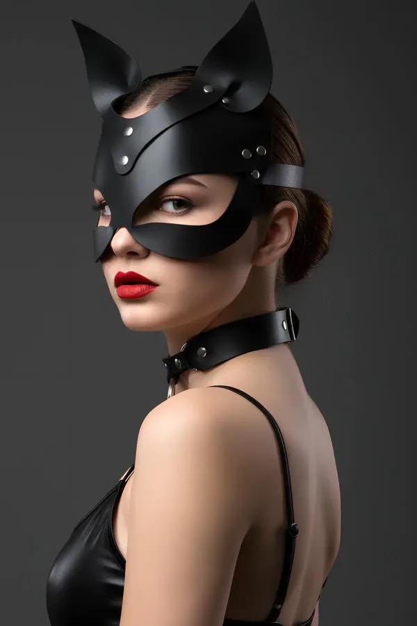 Faux Leather Cat Mask with Stand-Up Ears & Choker