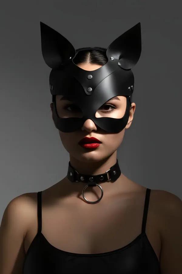 Faux Leather Cat Mask with Stand-Up Ears & Choker