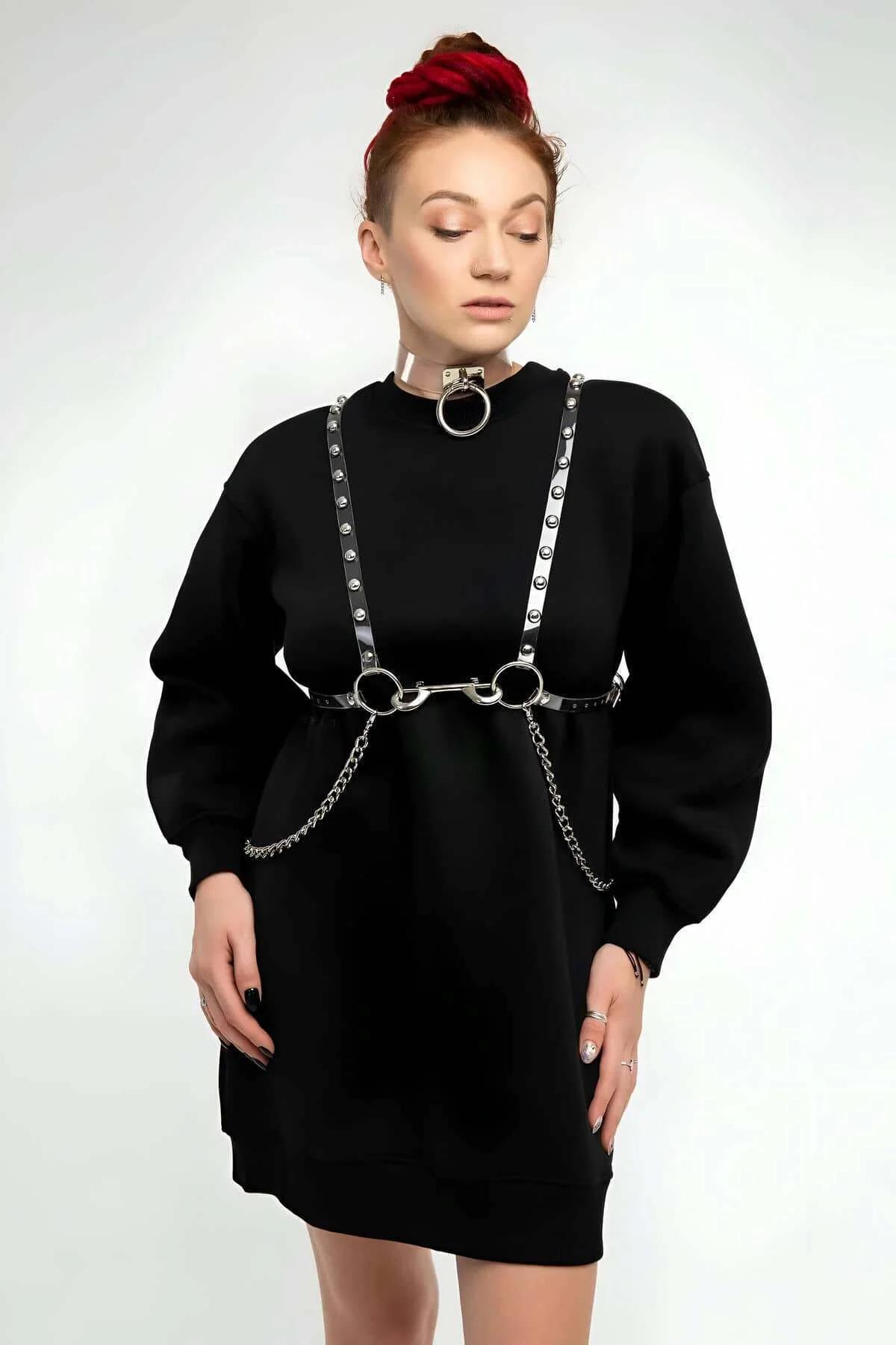 Transparent Studded Body Harness & Choker Set with Chains