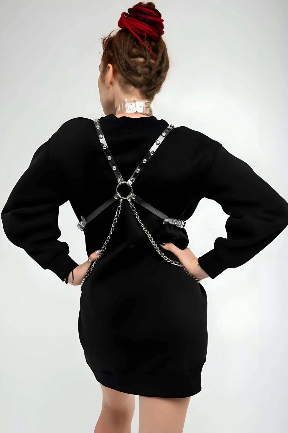 Transparent Studded Body Harness & Choker Set with Chains