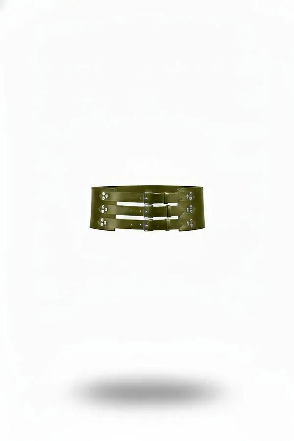 Khaki Faux Leather Waist Belt with Triple Buckle Straps