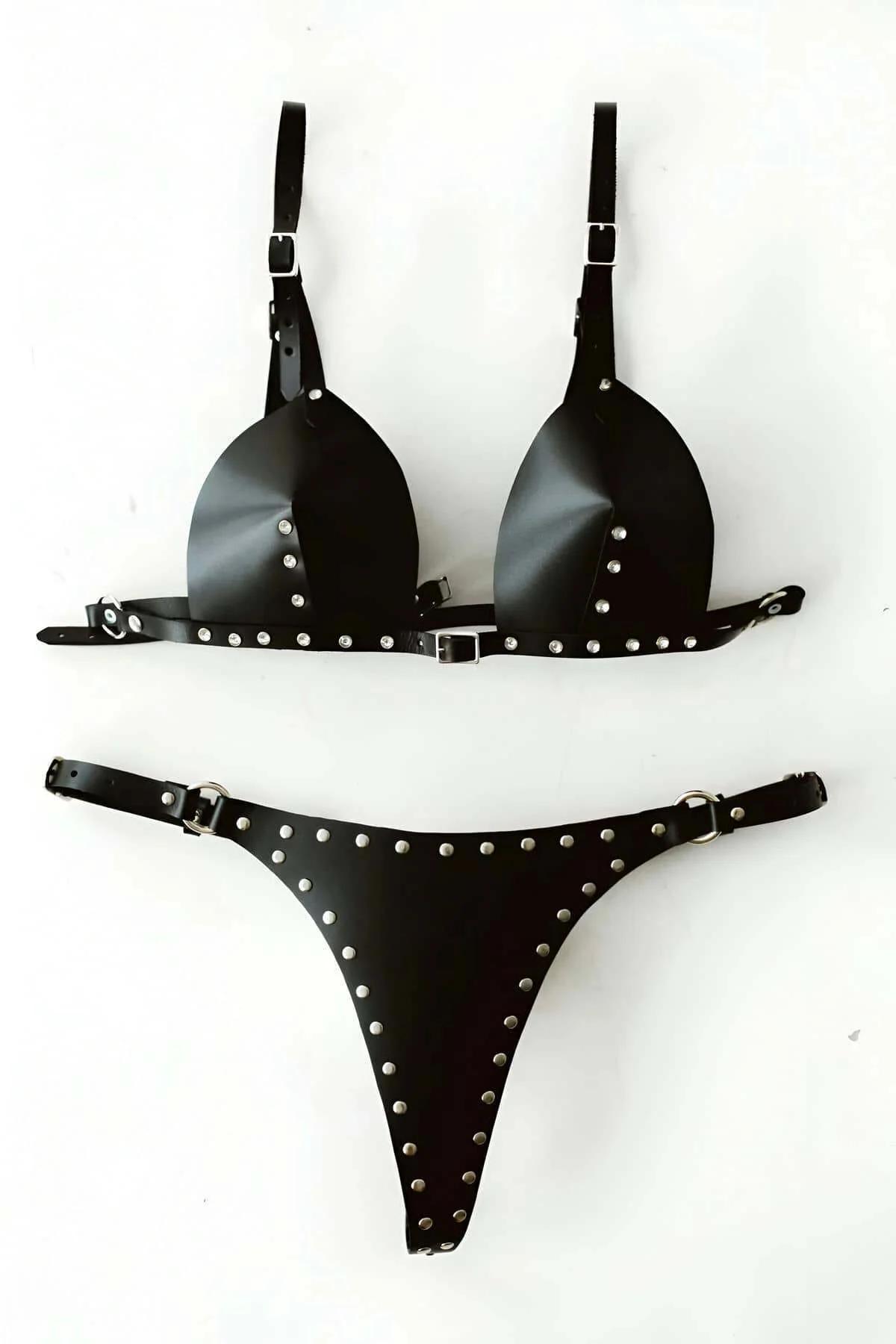 Studded Faux Leather Bra & Thong Harness Set