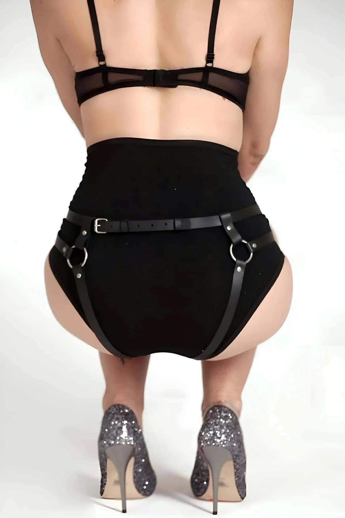 Black Faux Leather High-Waisted Harness Panty