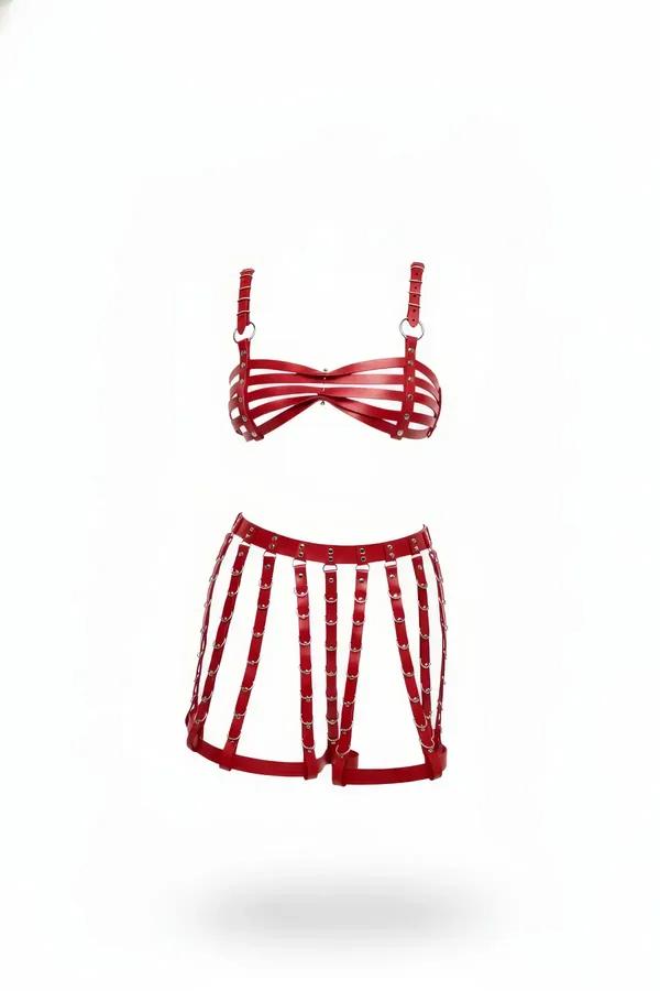 Red Caged Faux Leather Bra & Shorts Lingerie Set
