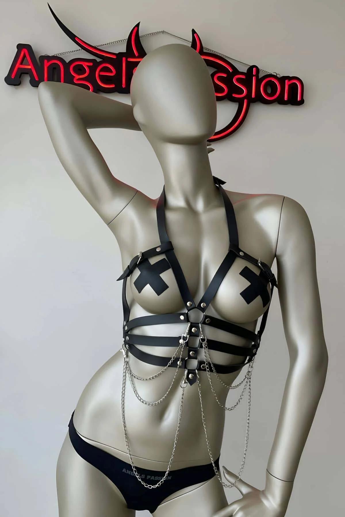 Faux Leather Chest Harness with Draping Silver Chains