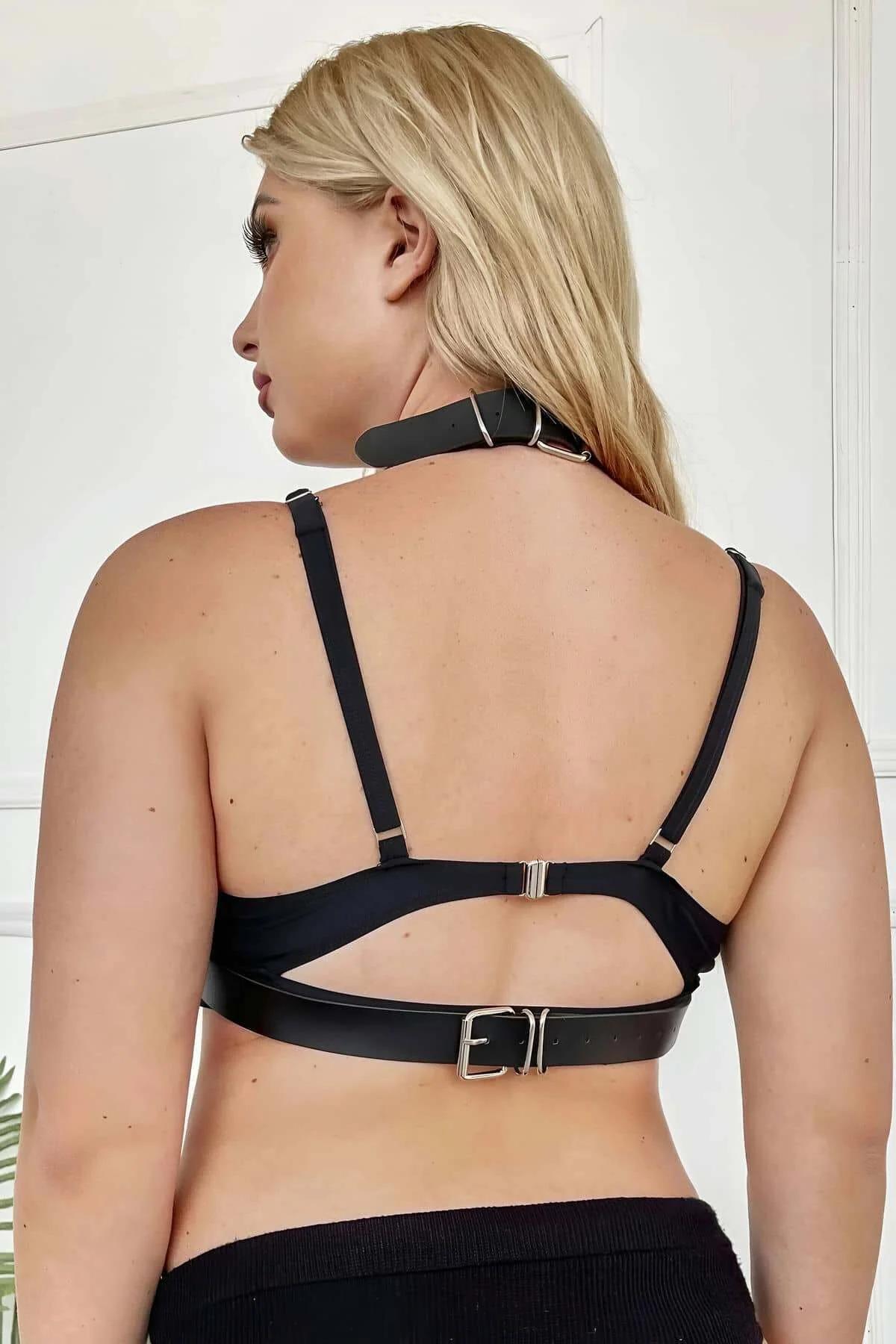 Faux Leather Bra Harness with Layered Chain Detail