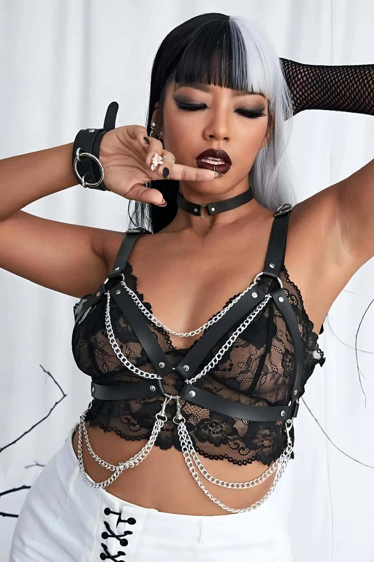 Chain & O-Ring Faux Leather Chest Harness